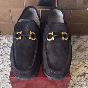 Salvatore Ferragamo Black Suede Loafers with Gold Accent